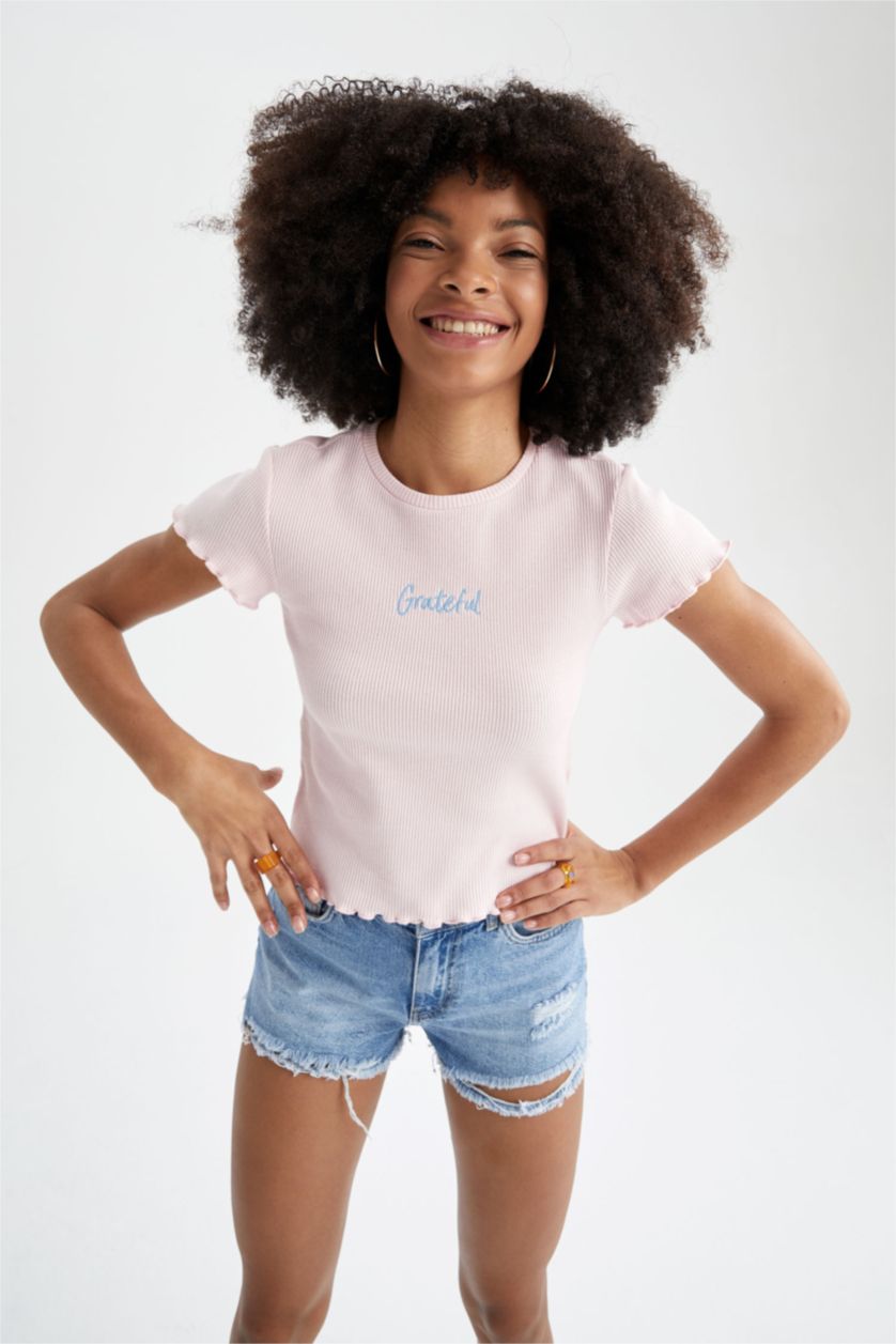 WOMAN Light Pink Slim Fit Crew Neck Short Sleeve T-Shirt