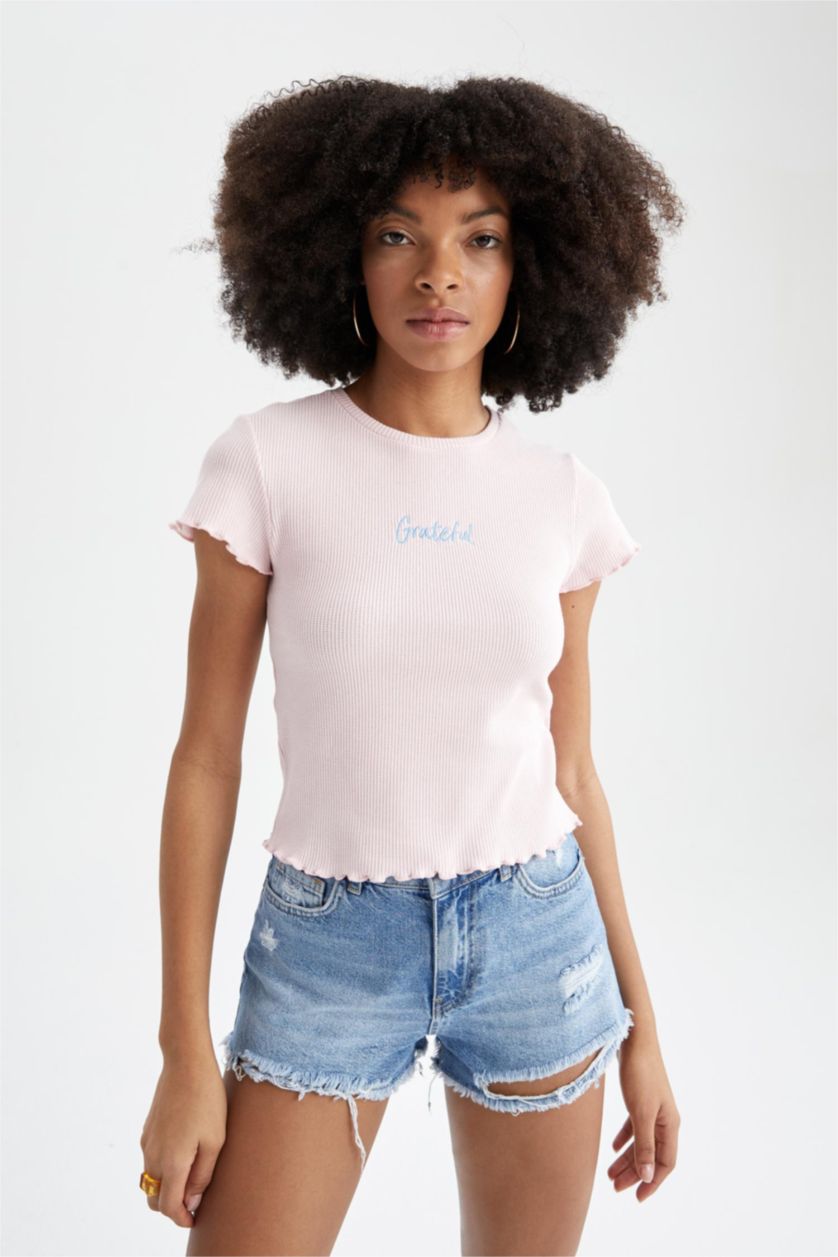 WOMAN Light Pink Slim Fit Crew Neck Short Sleeve T-Shirt