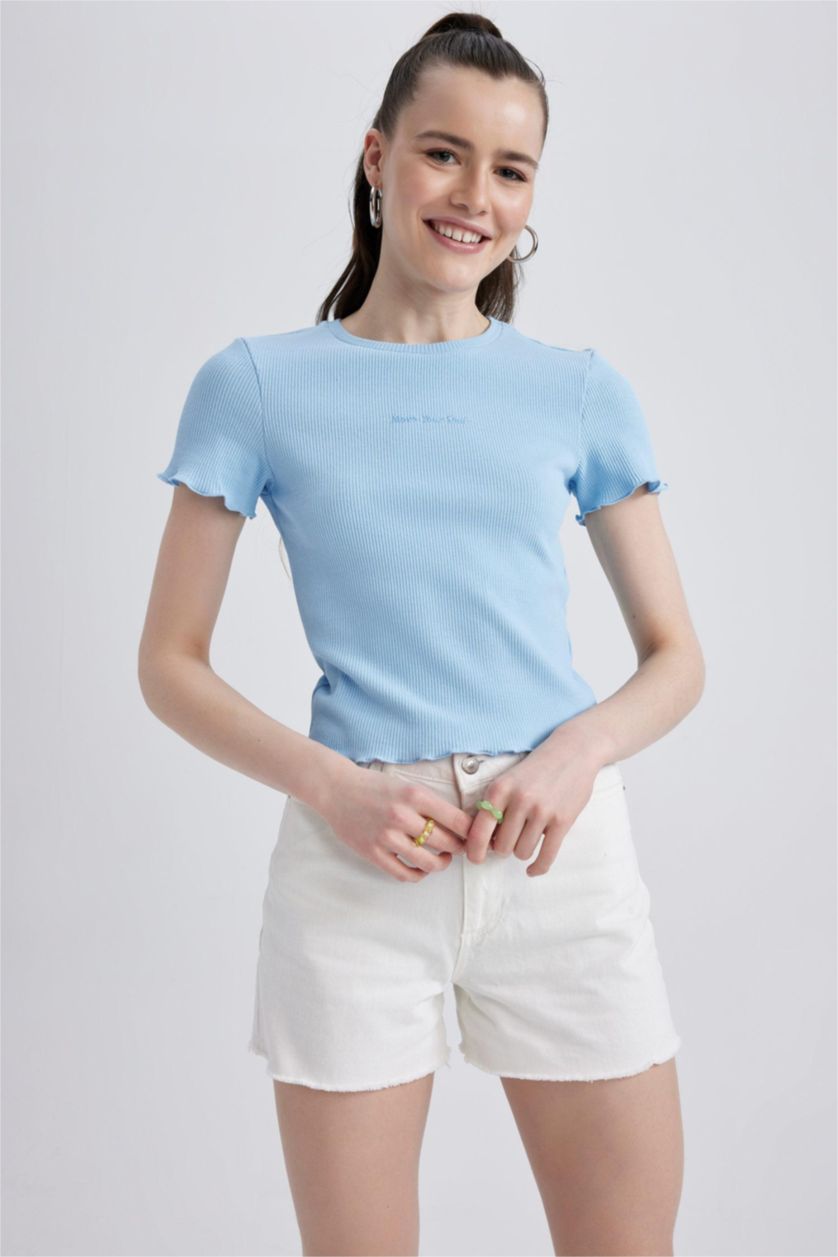FEMME Bleu T-Shirt Slim à Manches Courtes et Col rond