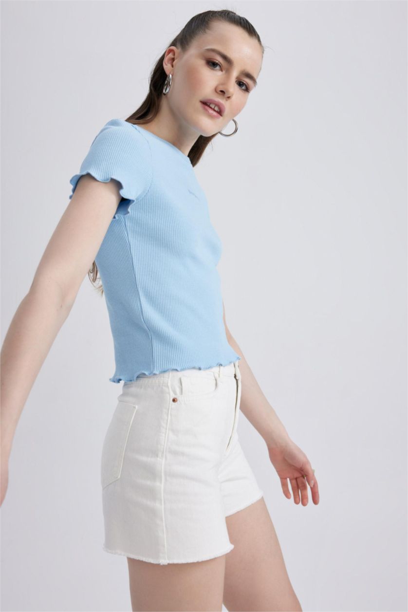 FEMME Bleu T-Shirt Slim à Manches Courtes et Col rond