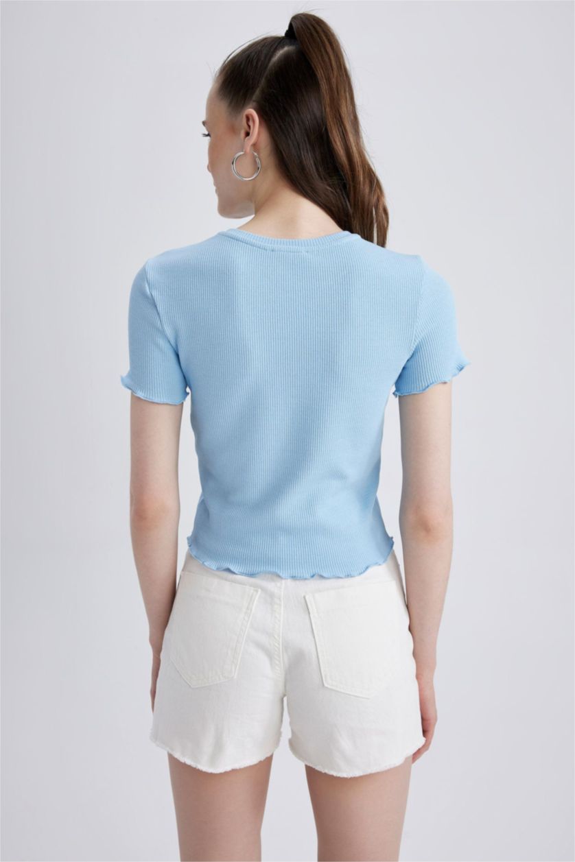 FEMME Bleu T-Shirt Slim à Manches Courtes et Col rond
