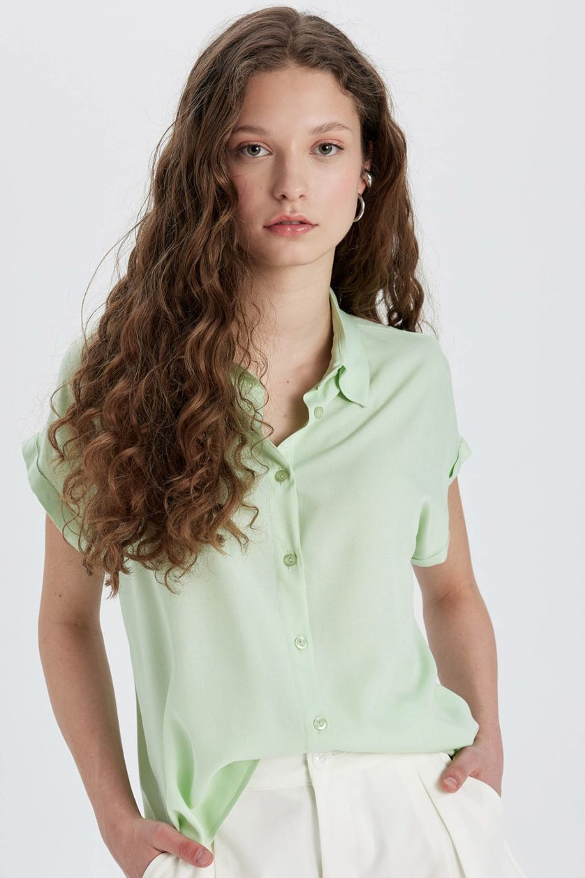 Kadın Mint Regular Fit Basic Düz Kısa Kollu Gömlek