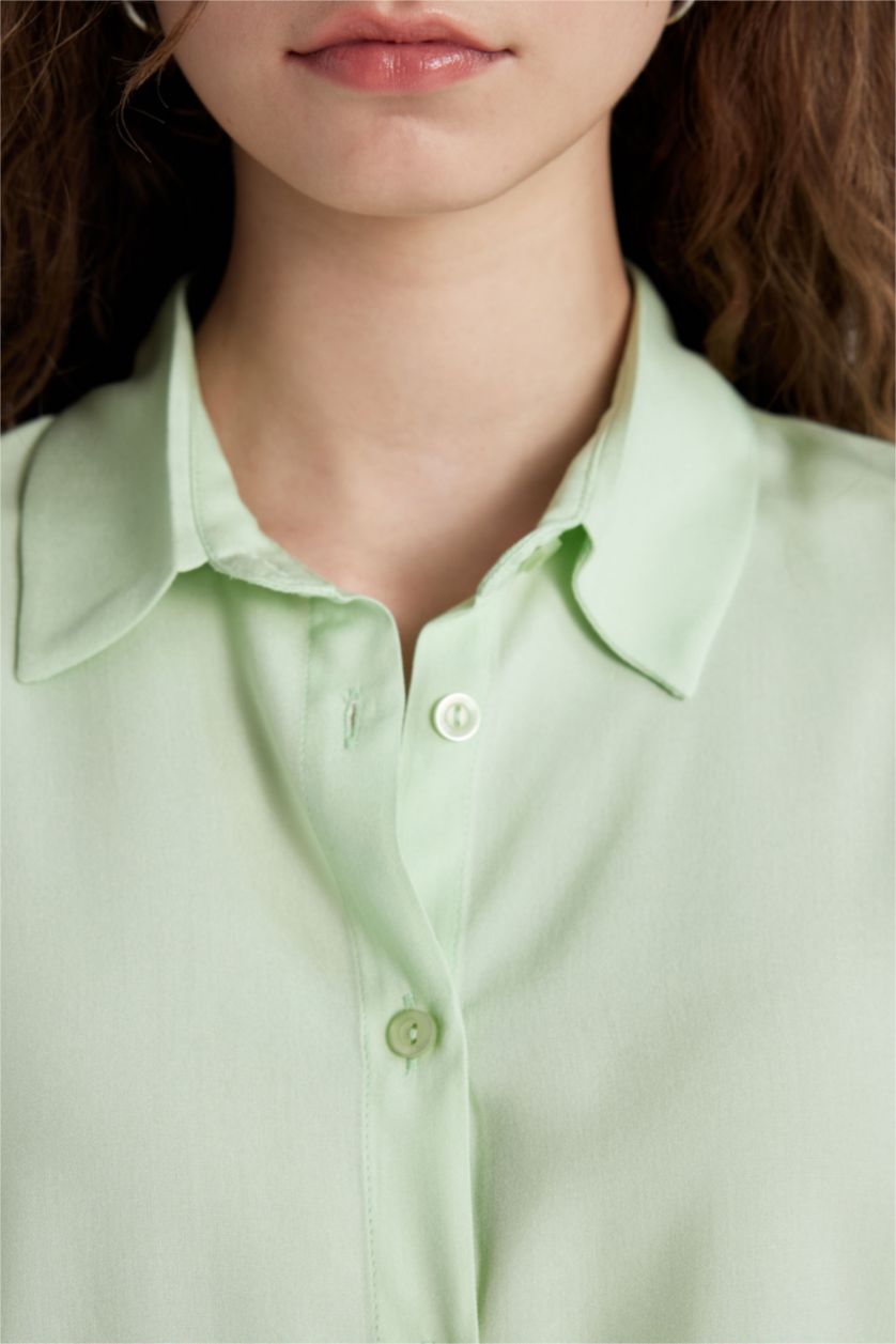 Kadın Mint Regular Fit Basic Düz Kısa Kollu Gömlek