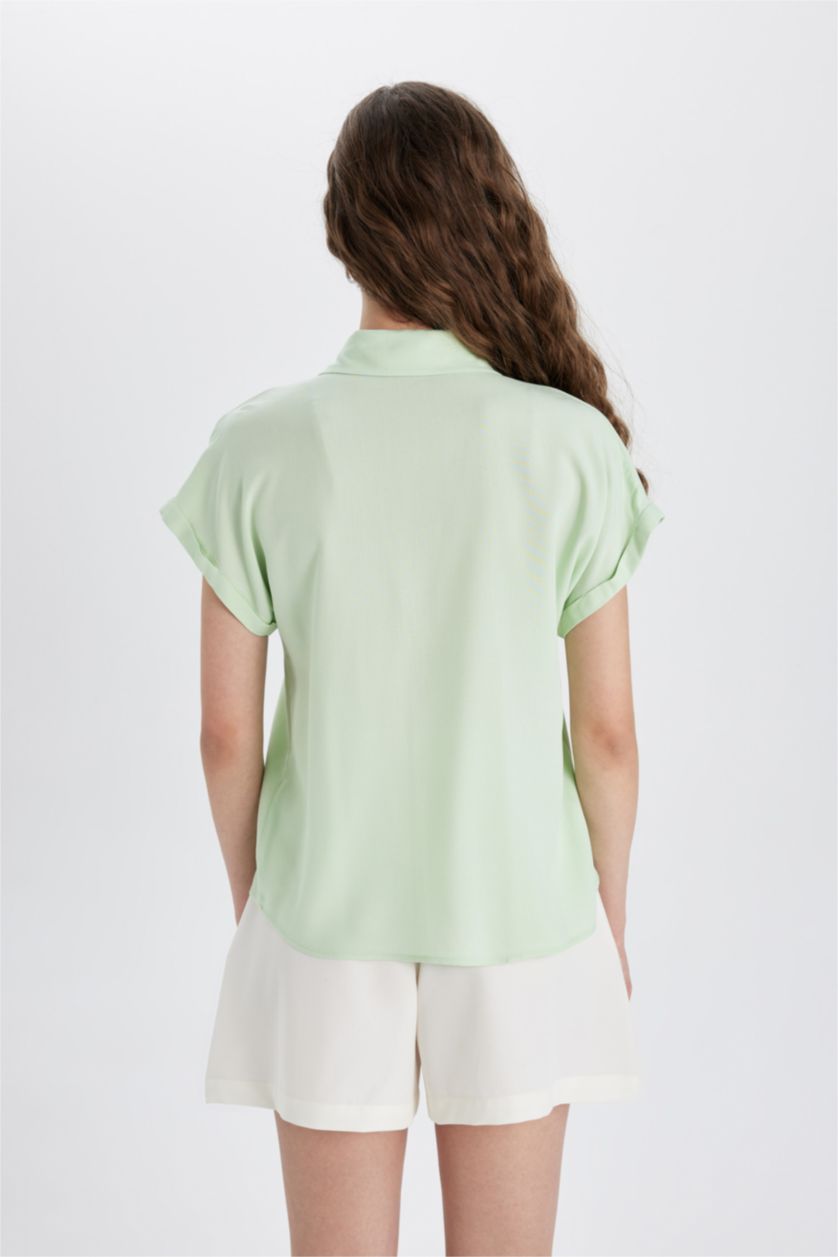 Kadın Mint Regular Fit Basic Düz Kısa Kollu Gömlek