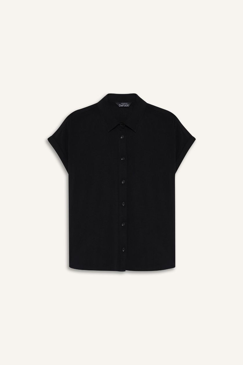 Kadın Siyah Regular Fit Basic Düz Viskon Kısa Kollu Gömlek