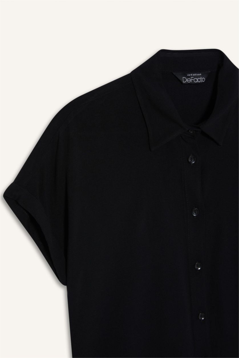 Kadın Siyah Regular Fit Basic Düz Viskon Kısa Kollu Gömlek