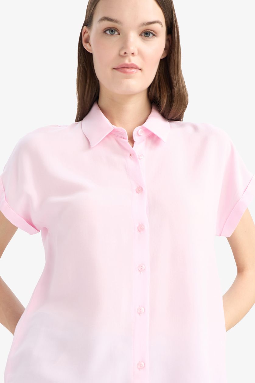 WOMAN Pink Regular Fit Shirt Collar Viscose Short Sleeve Shirt