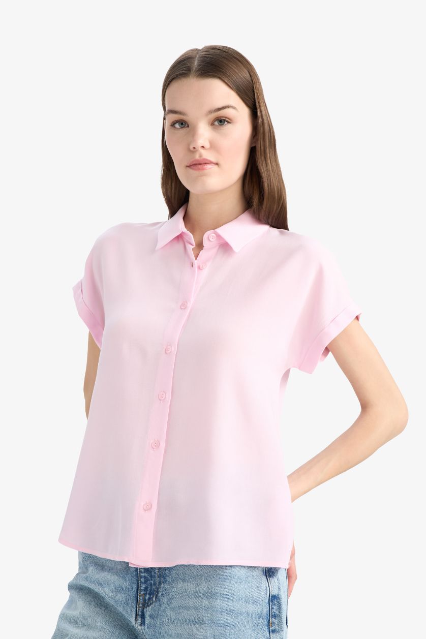 WOMAN Pink Regular Fit Shirt Collar Viscose Short Sleeve Shirt