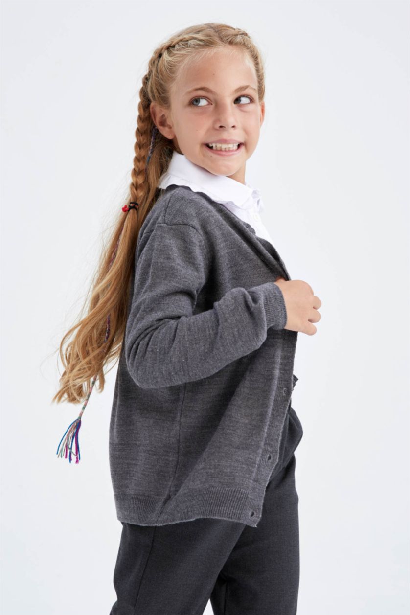 بنات ميلانج أنثرا جاكيت تريكو قصة عادية برقبة مستديرة