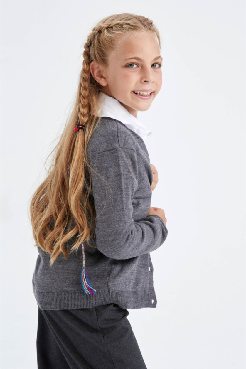 بنات ميلانج أنثرا جاكيت تريكو قصة عادية برقبة مستديرة