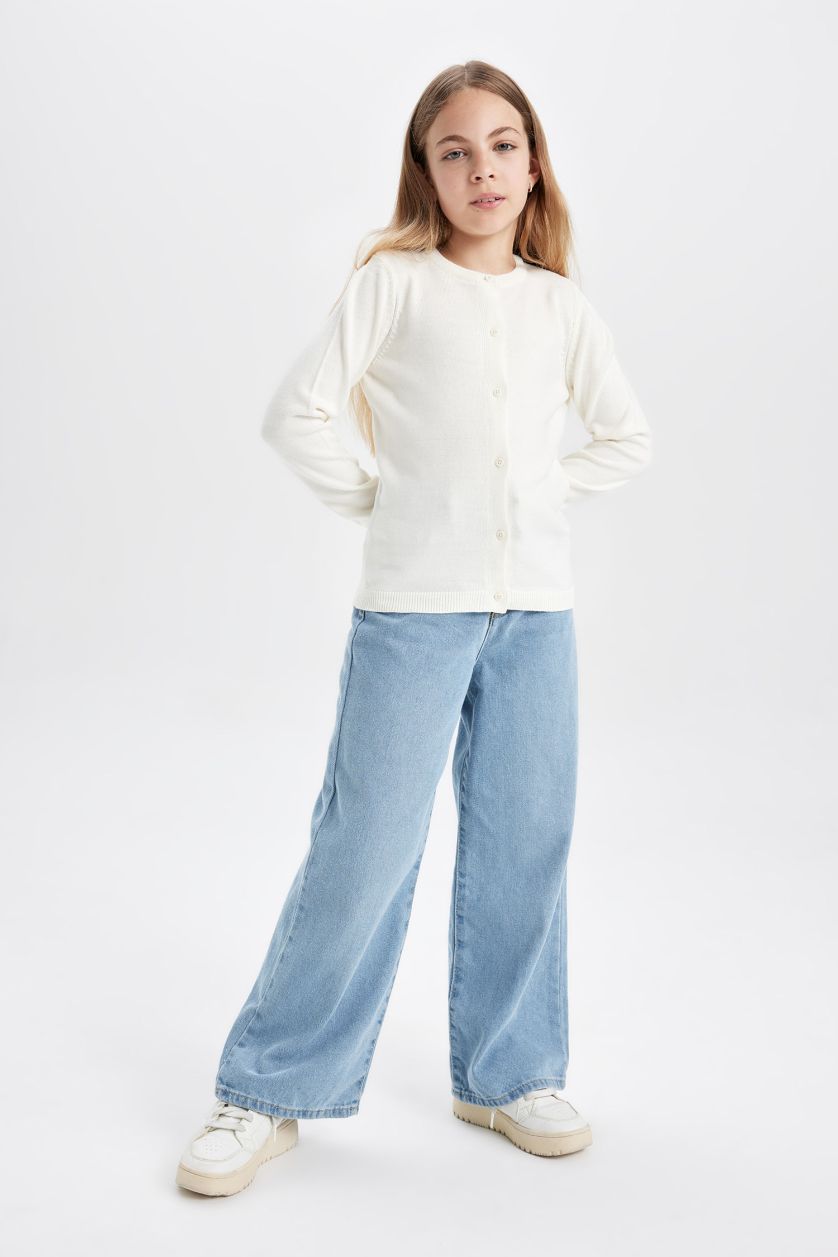 Девочки и подростки Бежевый Кардиган с круглым вырезом для девочек, Школьная коллекция