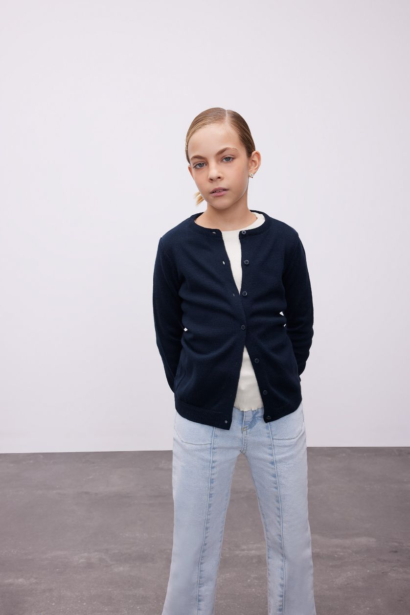 بناتي كحلي كارديجان بناتي قصة عادية برقبة مستديرة