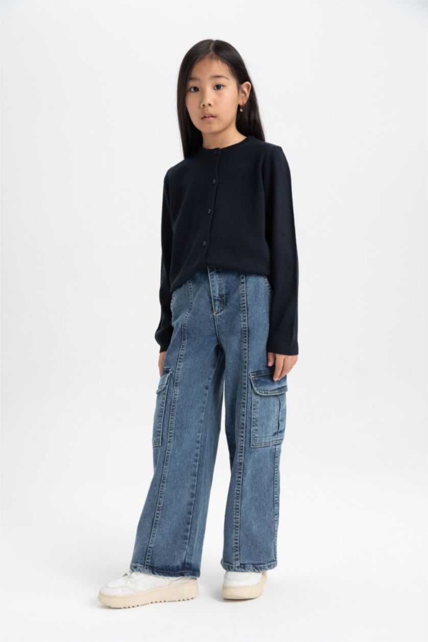 بناتي كحلي كارديجان بناتي قصة عادية برقبة مستديرة