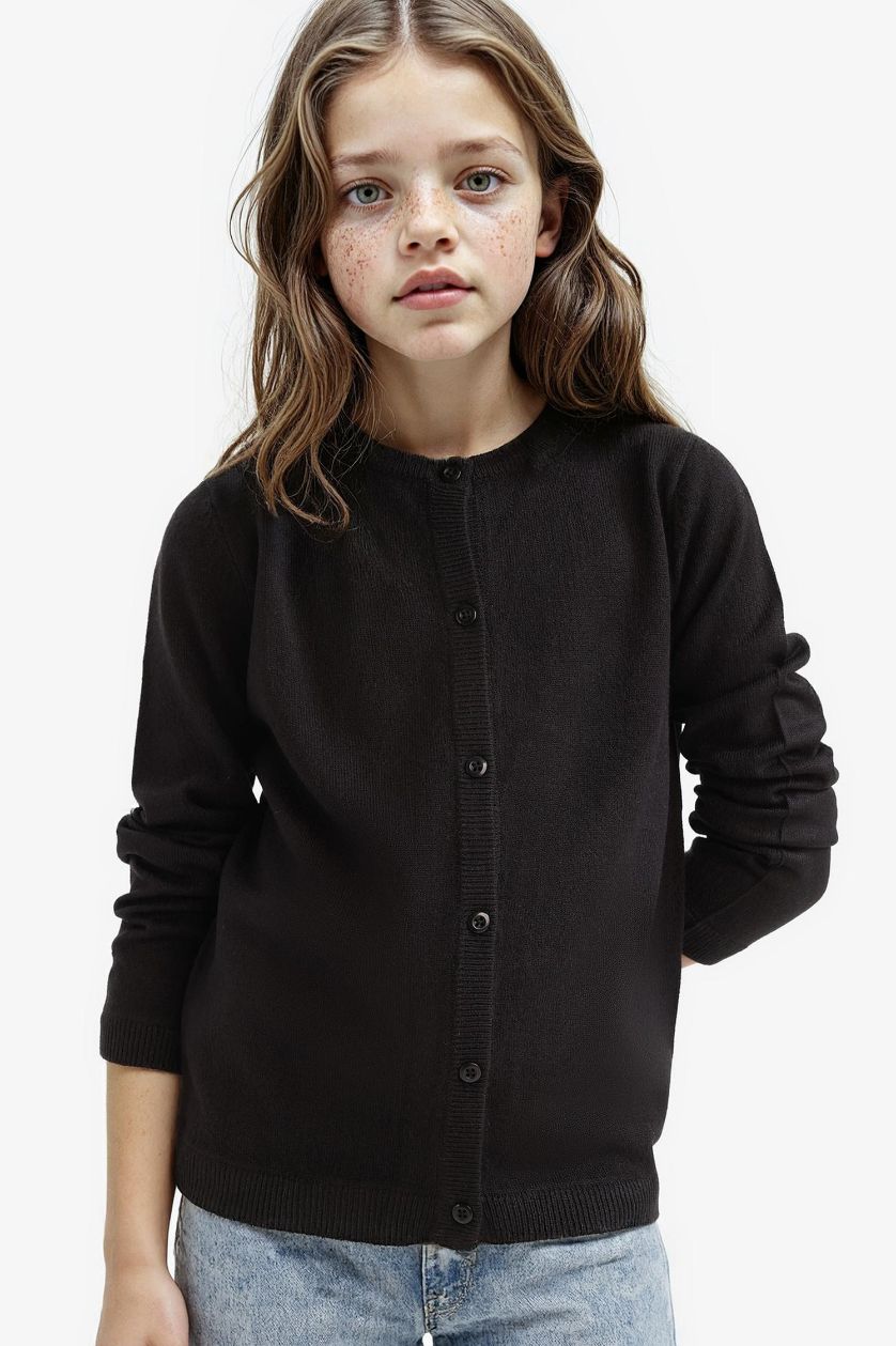 GIRLS & TEENS Black Girl Crew Neck Button Down Knit Cardigan