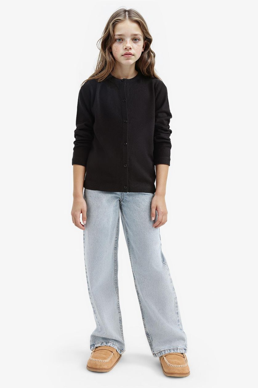 GIRLS & TEENS Black Girl Crew Neck Button Down Knit Cardigan