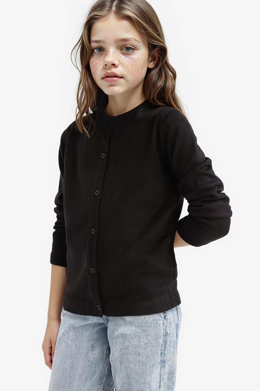 GIRLS & TEENS Black Girl Crew Neck Button Down Knit Cardigan