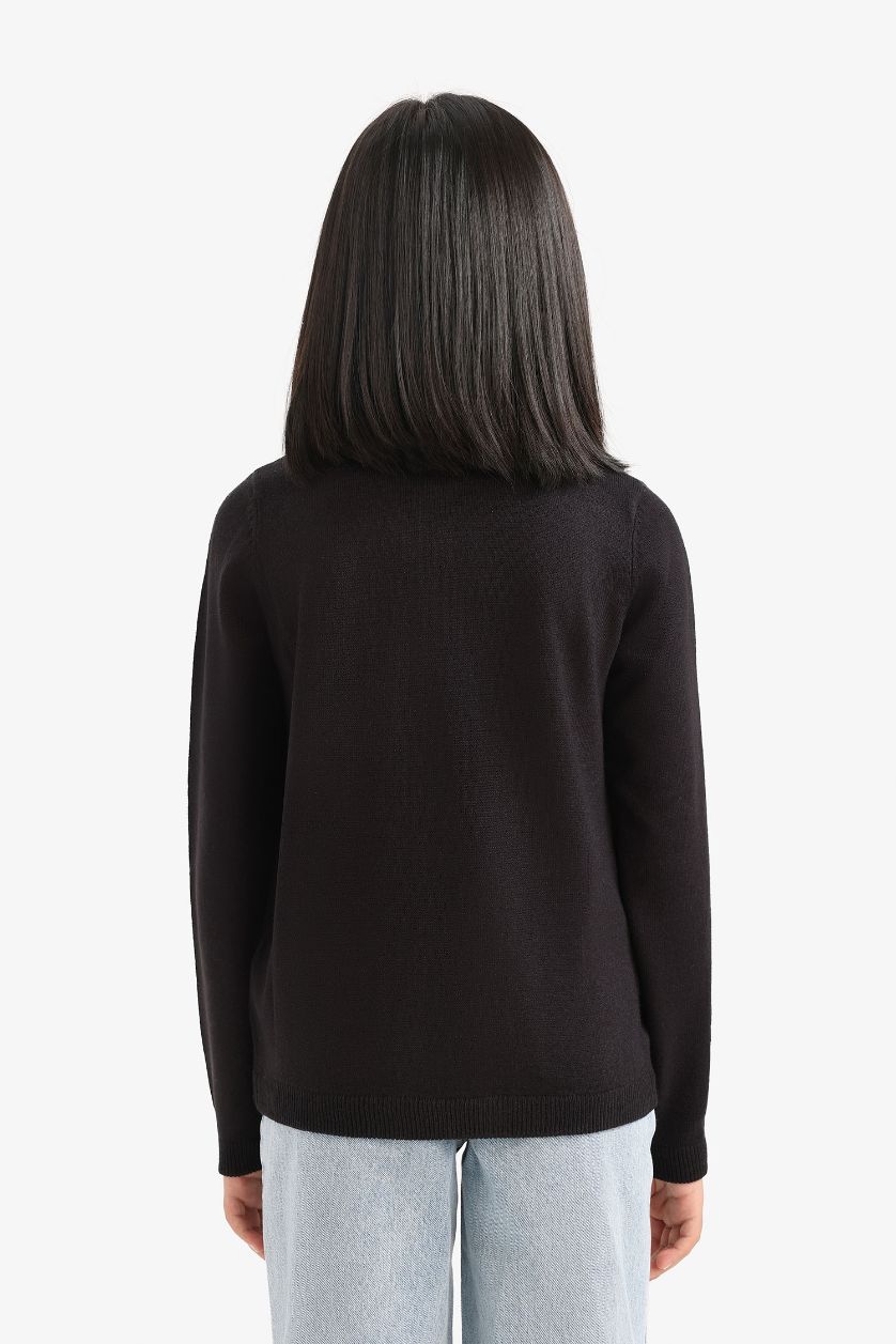 GIRLS & TEENS Black Girl Crew Neck Button Down Knit Cardigan