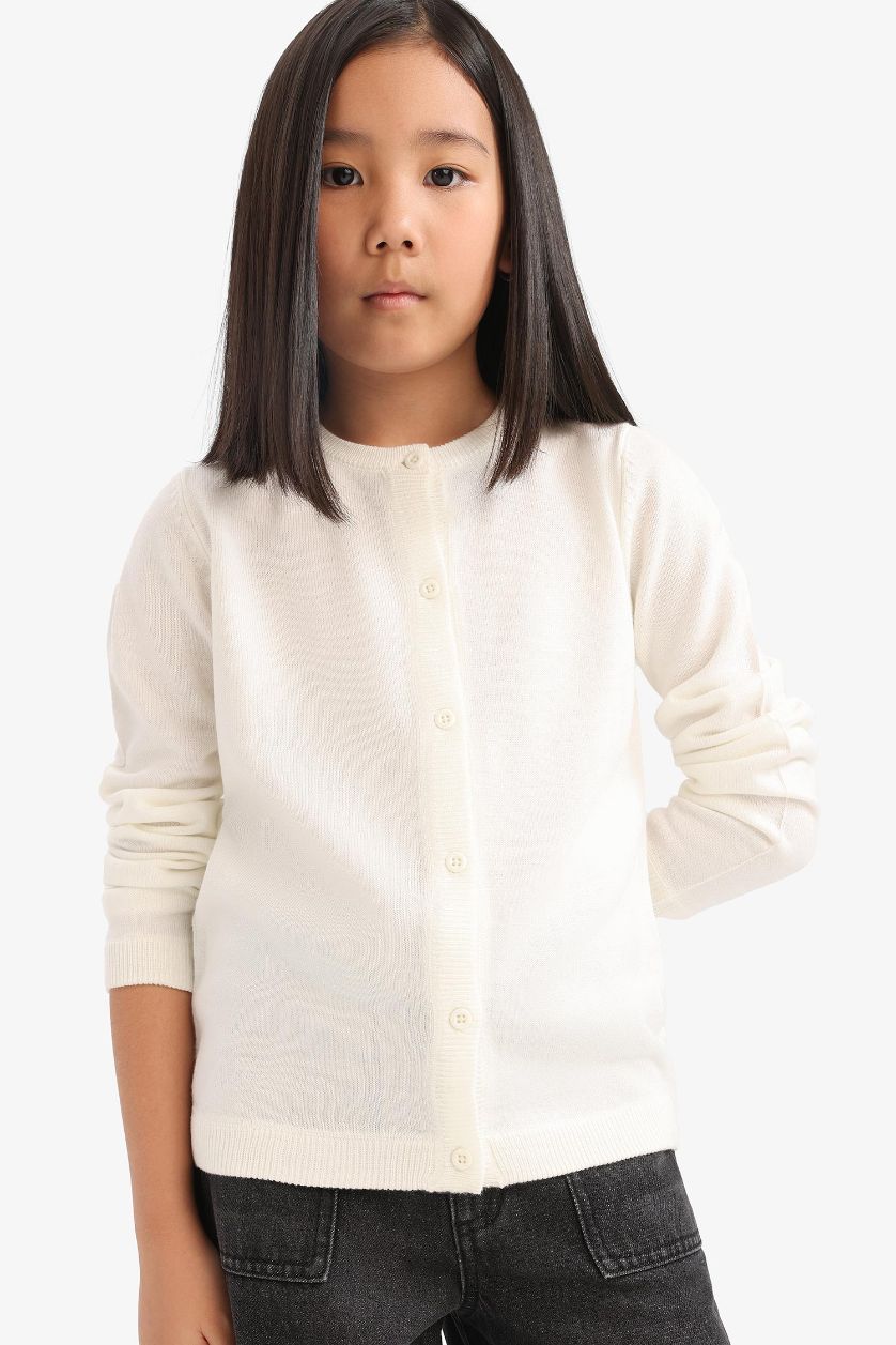 Kız Çocuk - Genç Kız Ekru Bisiklet Yaka Düğmeli Triko Hırka Kız Çocuk