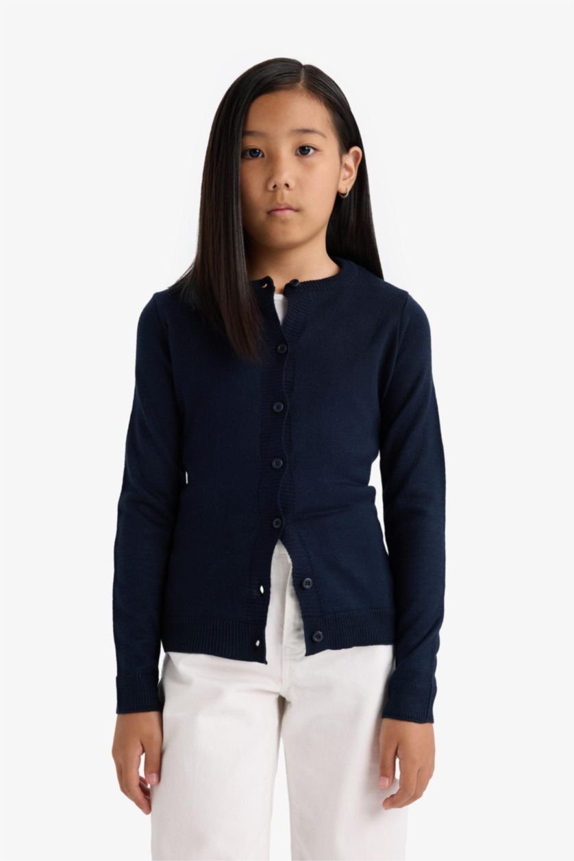 بناتي كحلي كارديجان بناتي تريكو قصة عادية برقبة مستديرة بأزرار