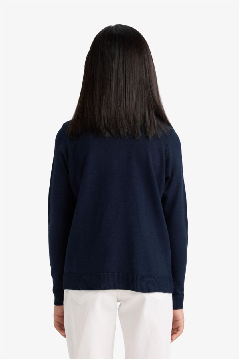 بناتي كحلي كارديجان بناتي تريكو قصة عادية برقبة مستديرة بأزرار