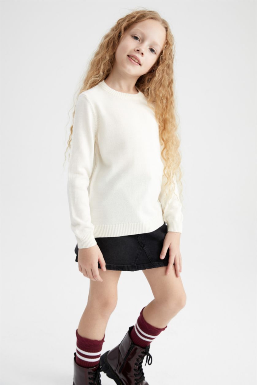 Kız Çocuk - Genç Kız Bej Kız Çocuk Beyaz Bisiklet Yaka Ekstra Yumuşak Okul Kazağı