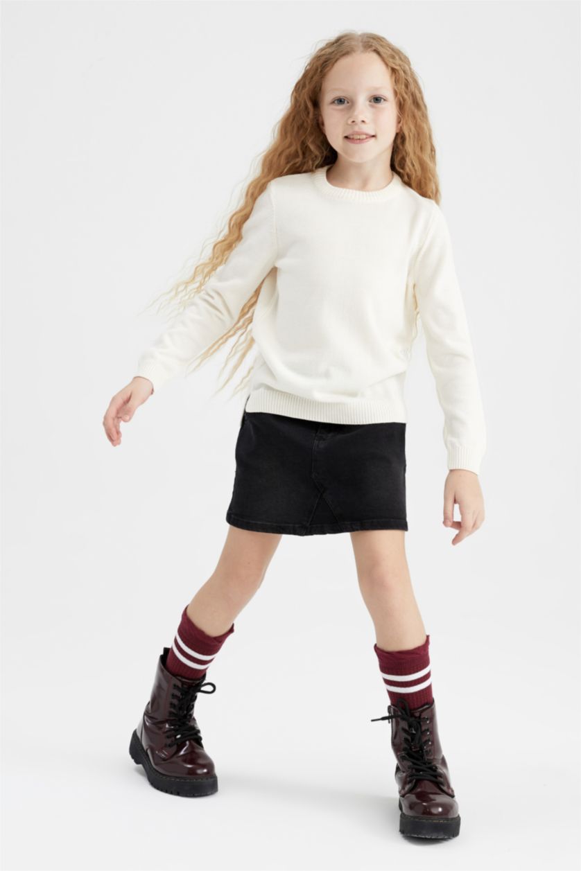 Kız Çocuk - Genç Kız Bej Kız Çocuk Beyaz Bisiklet Yaka Ekstra Yumuşak Okul Kazağı