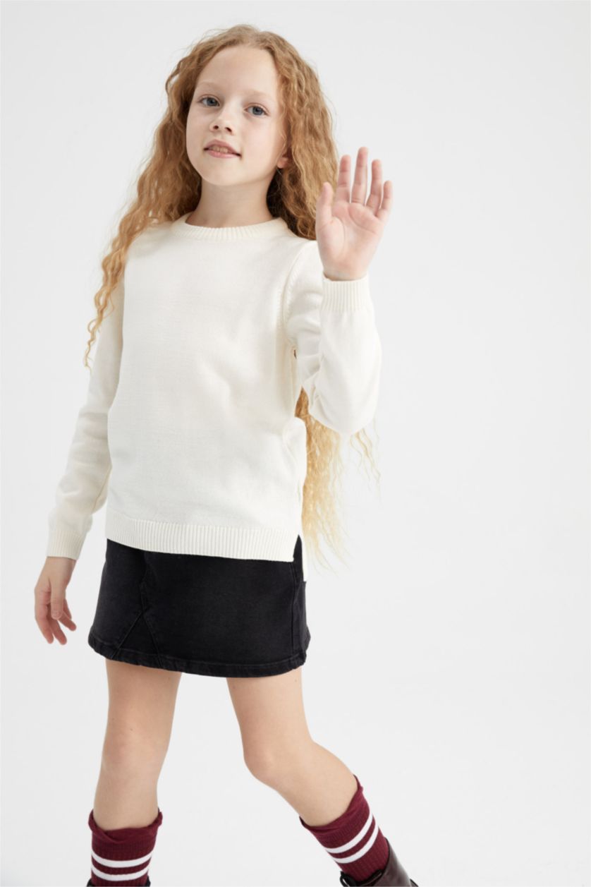 Kız Çocuk - Genç Kız Bej Kız Çocuk Beyaz Bisiklet Yaka Ekstra Yumuşak Okul Kazağı