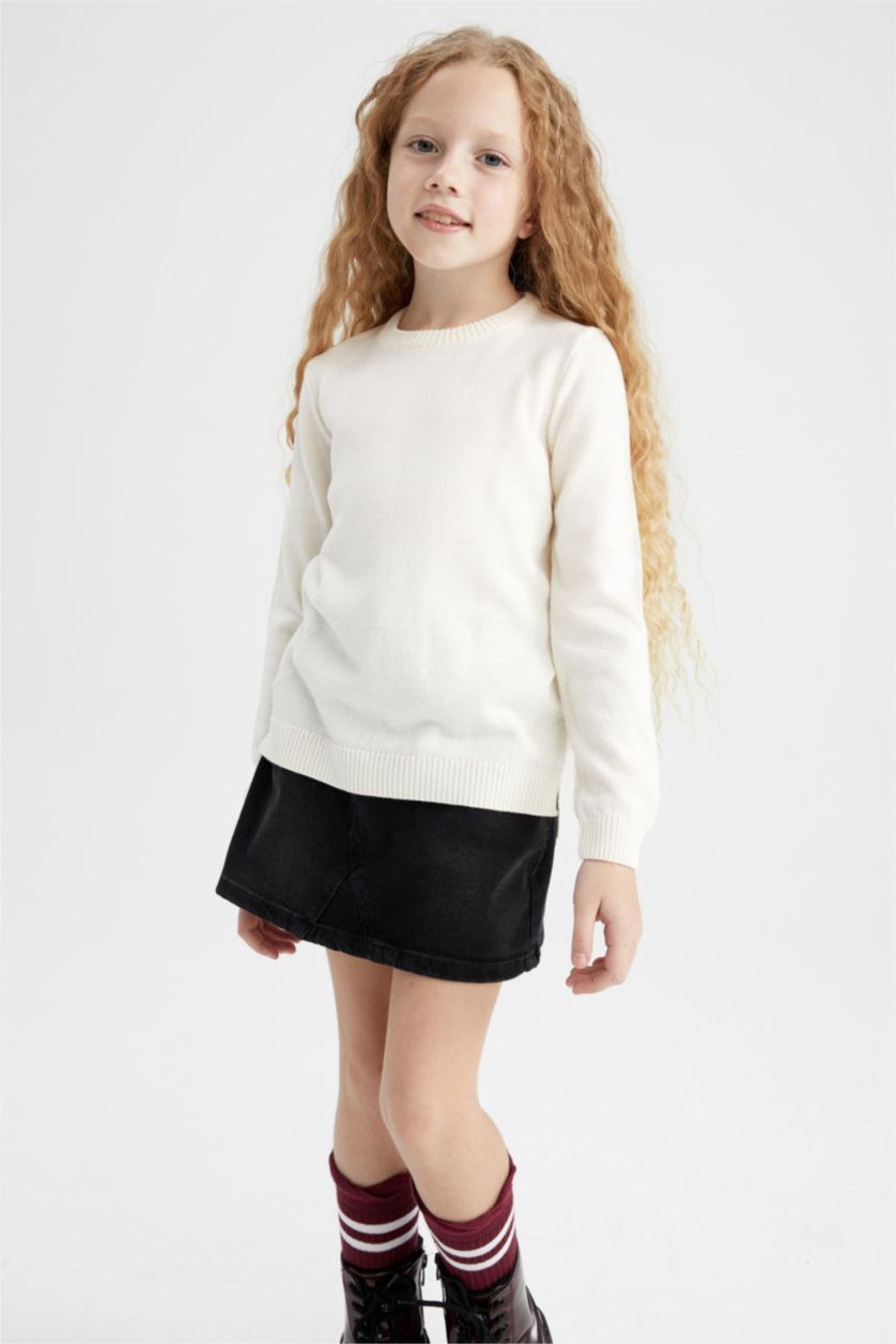 Kız Çocuk - Genç Kız Bej Kız Çocuk Beyaz Bisiklet Yaka Ekstra Yumuşak Okul Kazağı