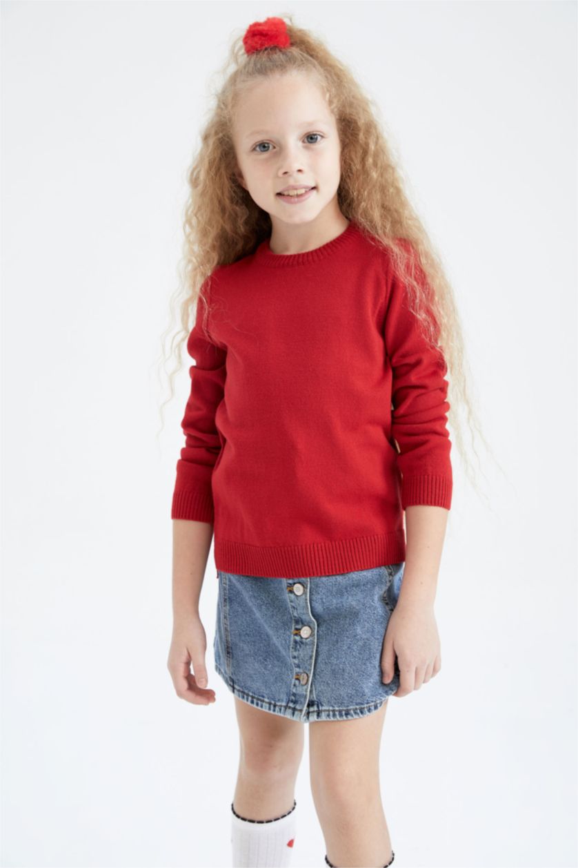 Kız Çocuk - Genç Kız Kırmızı Kız Çocuk Bisiklet Yaka Ekstra Yumuşak Kazak