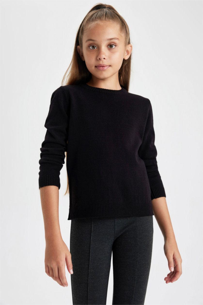 بنات أسود بلوفر بناتي قصة عادية بياقة مستديرة