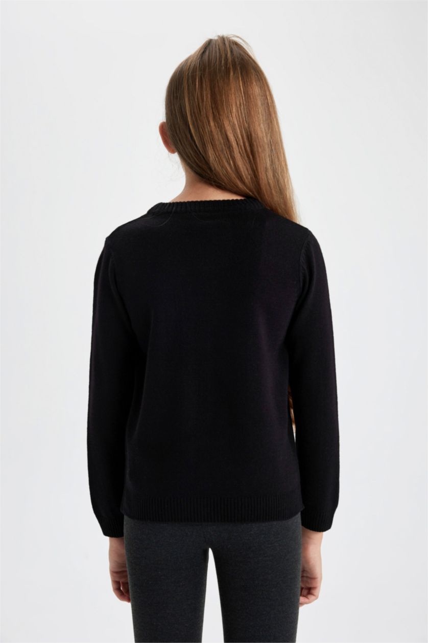 بنات أسود بلوفر بناتي قصة عادية بياقة مستديرة