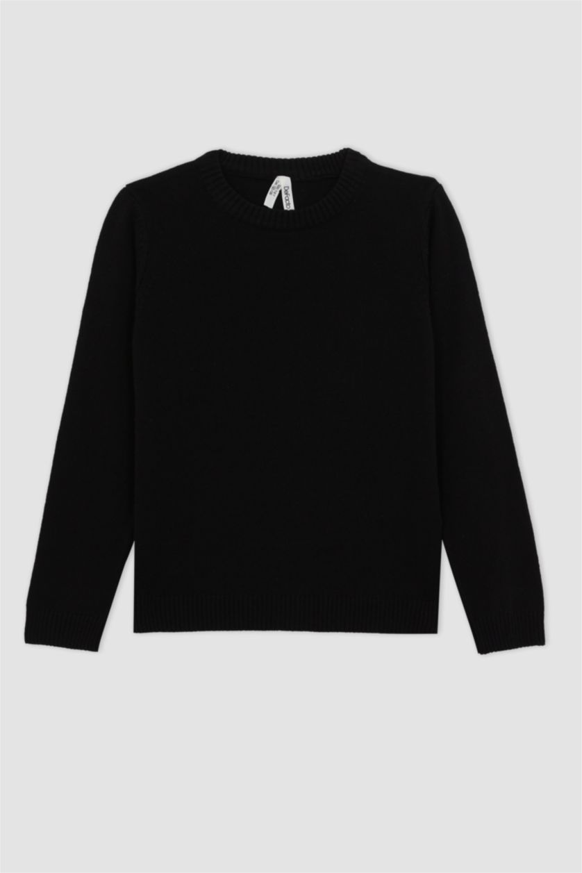 بنات أسود بلوفر بناتي قصة عادية بياقة مستديرة