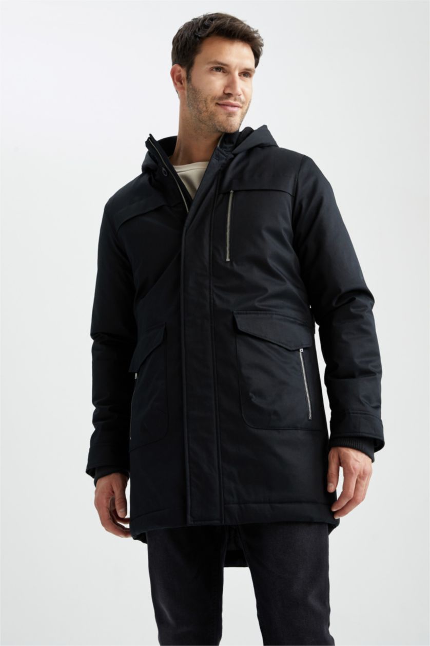 رجال أسود جاكيت طويل سليم فيت بغطاء للرأس مبطن بفرو إصطناعي