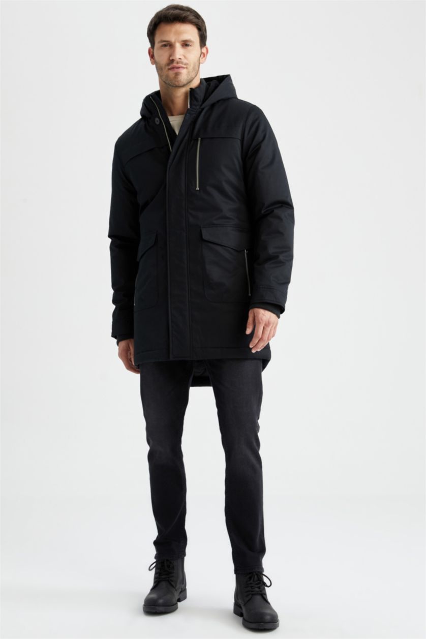 رجال أسود جاكيت طويل سليم فيت بغطاء للرأس مبطن بفرو إصطناعي