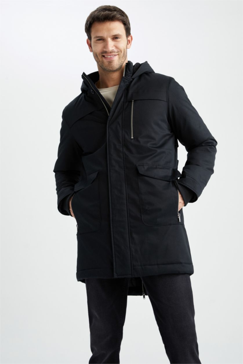 رجال أسود جاكيت طويل سليم فيت بغطاء للرأس مبطن بفرو إصطناعي