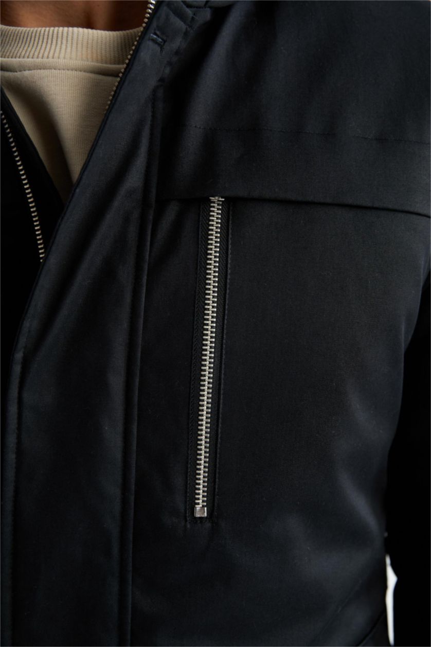 رجال أسود جاكيت طويل سليم فيت بغطاء للرأس مبطن بفرو إصطناعي