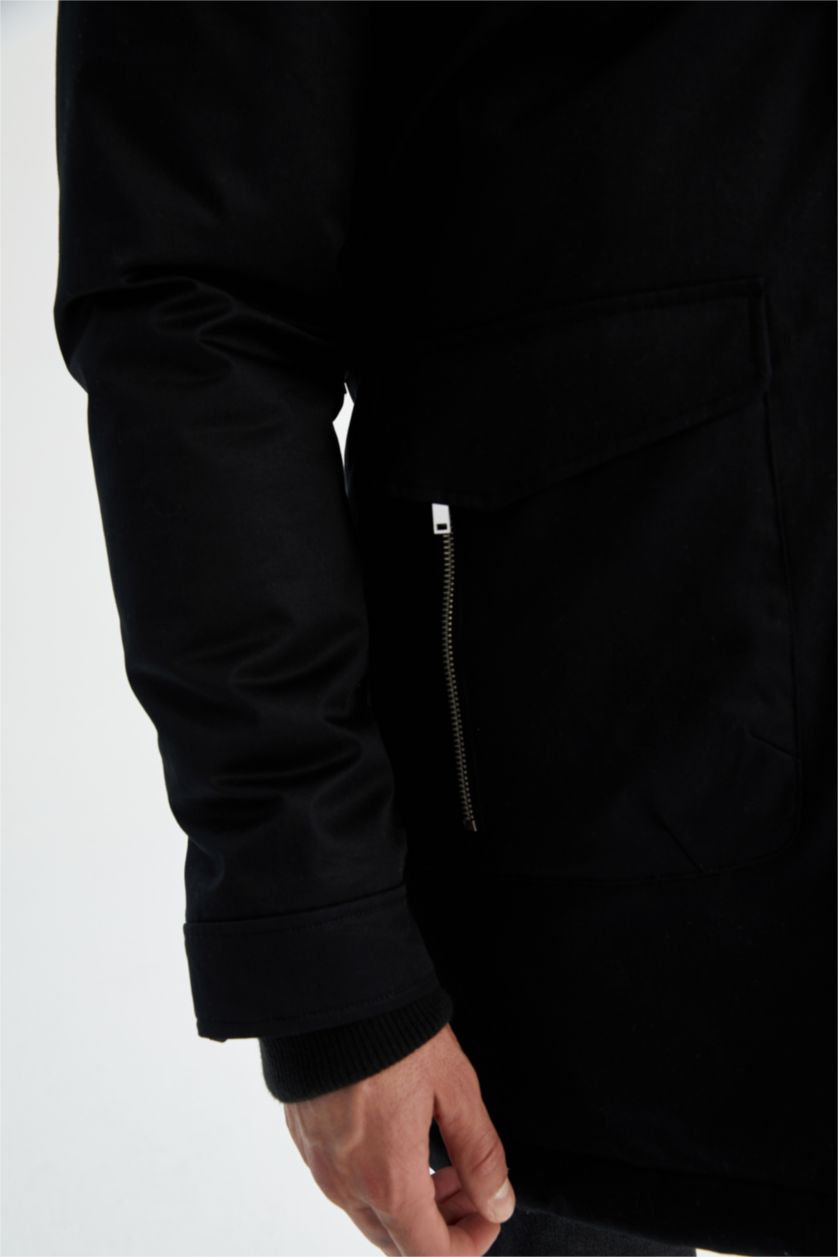 رجال أسود جاكيت طويل سليم فيت بغطاء للرأس مبطن بفرو إصطناعي