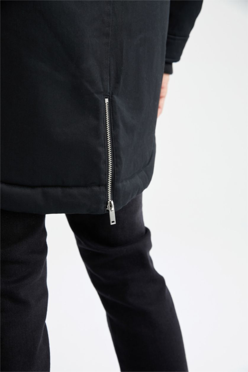 رجال أسود جاكيت طويل سليم فيت بغطاء للرأس مبطن بفرو إصطناعي