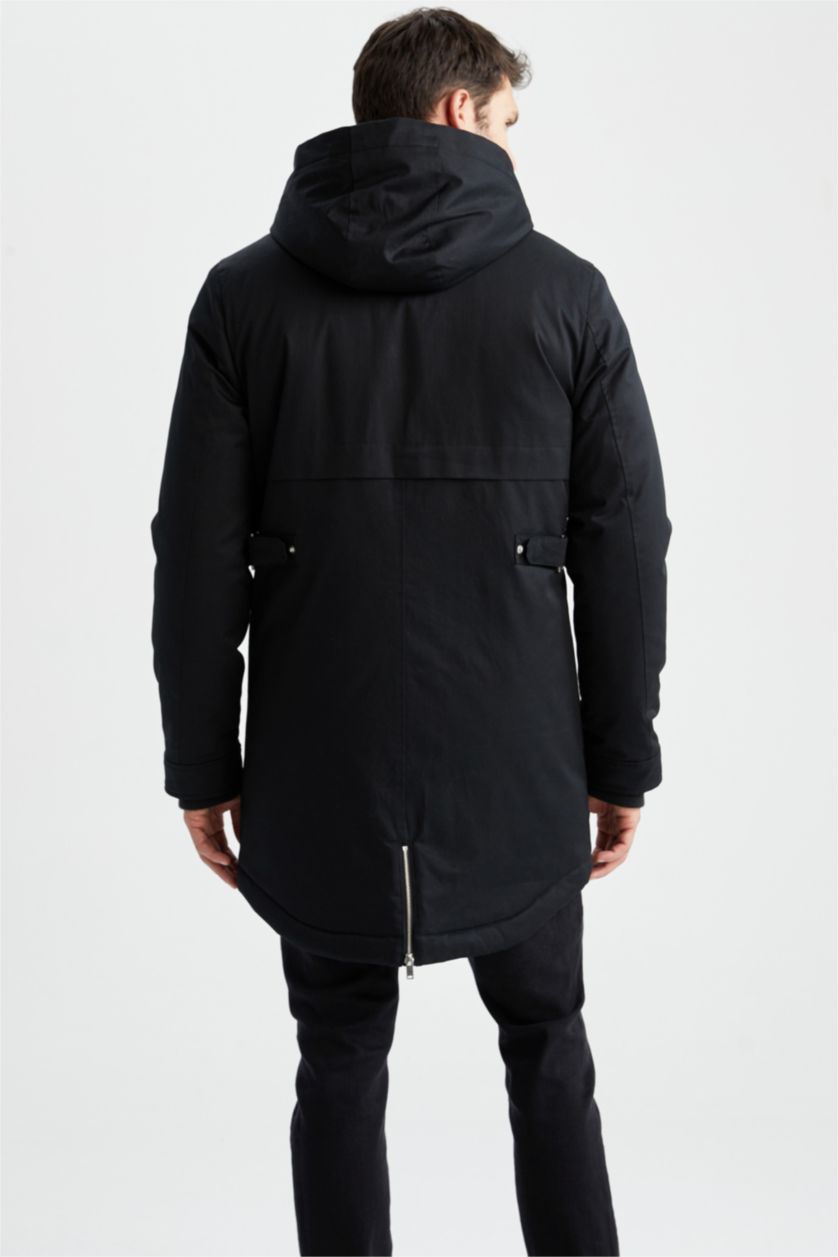 رجال أسود جاكيت طويل سليم فيت بغطاء للرأس مبطن بفرو إصطناعي