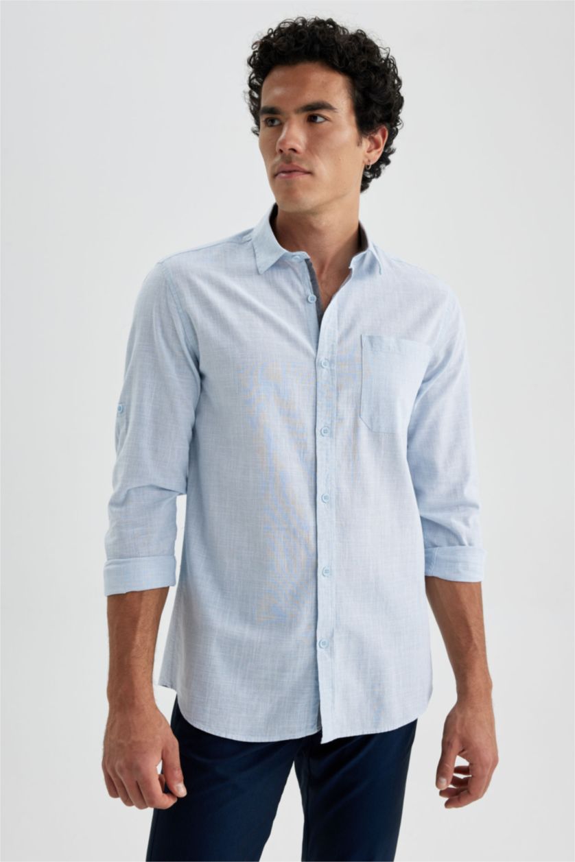 رجال أزرق قميص بقصة ضيقة من البوبلين بأكمام طويلة