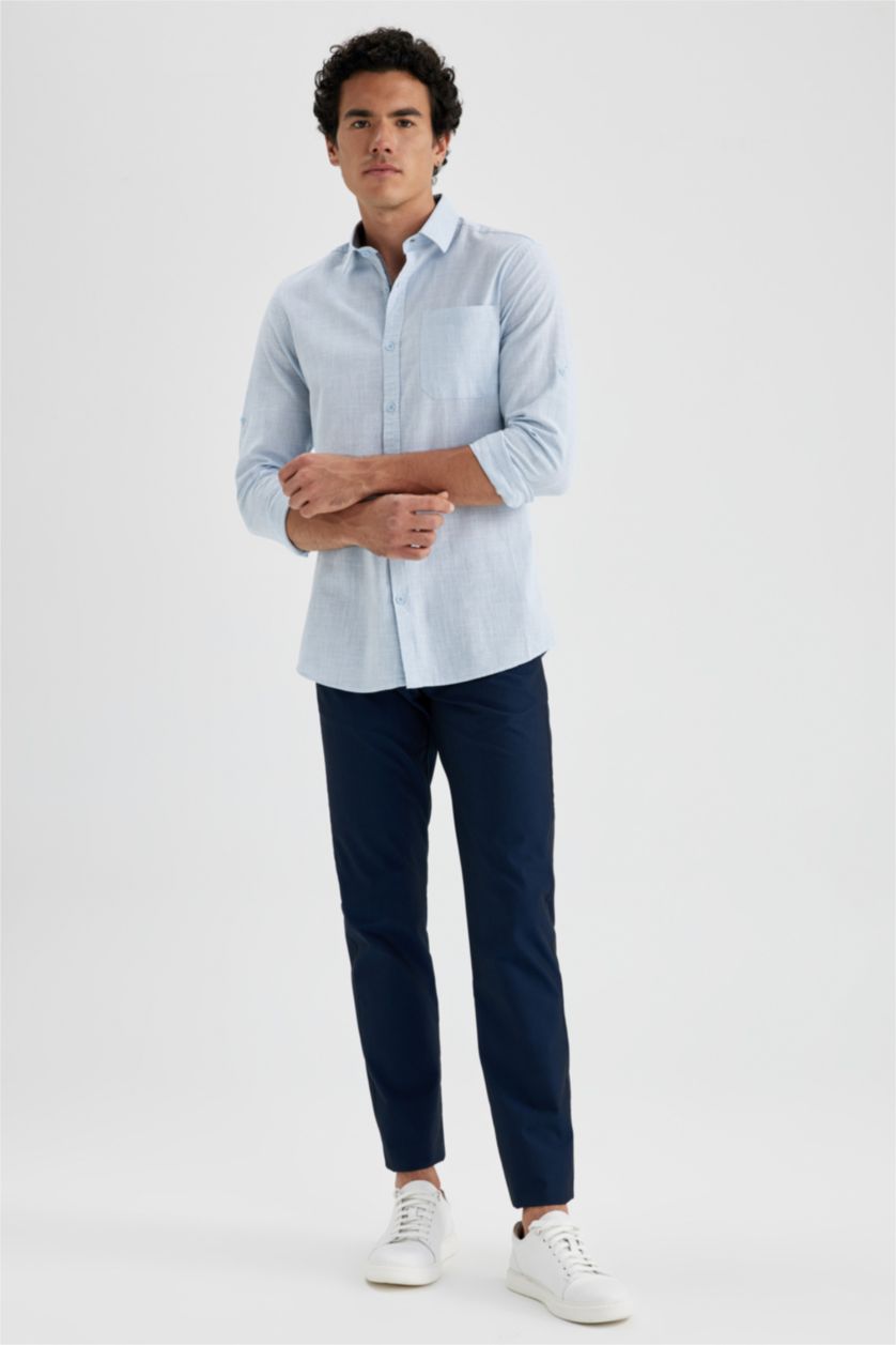 رجال أزرق قميص بقصة ضيقة من البوبلين بأكمام طويلة
