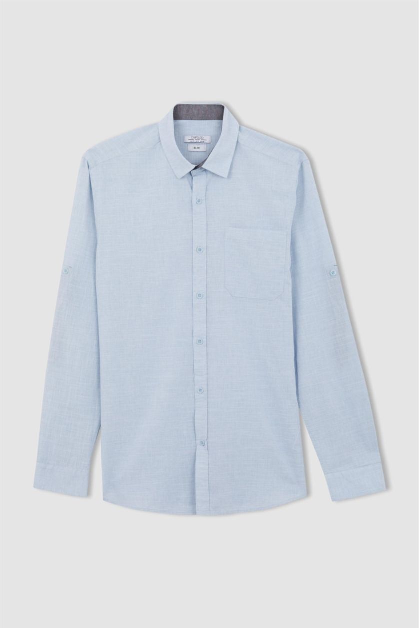 رجال أزرق قميص بقصة ضيقة من البوبلين بأكمام طويلة