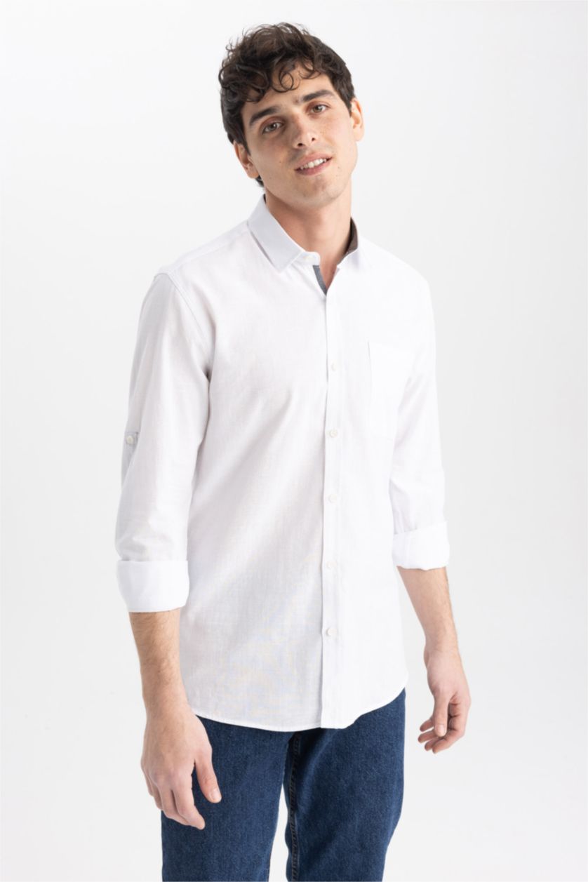 MAN White Slim Fit Polo Collar Poplin Long Sleeve Shirt