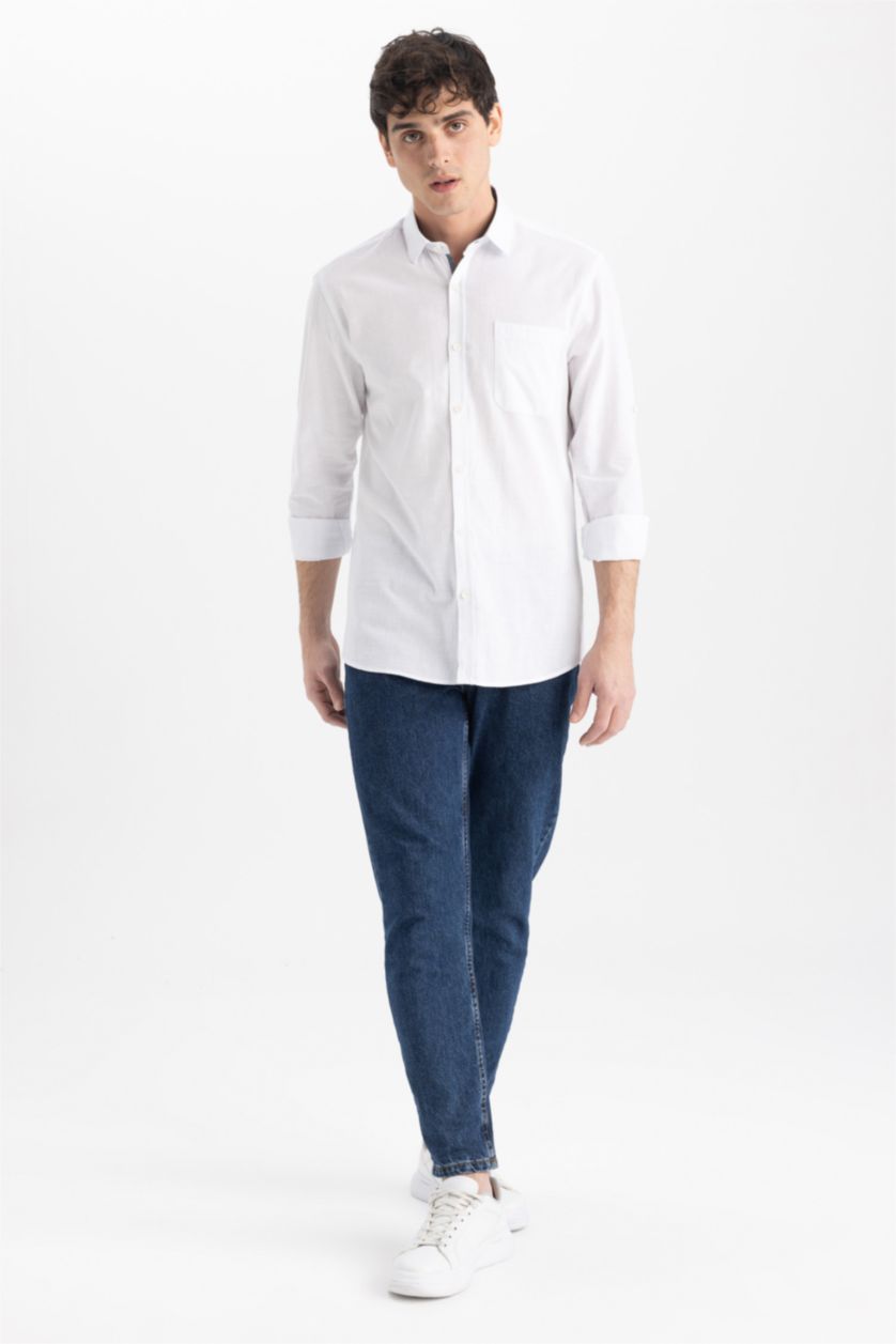 MAN White Slim Fit Polo Collar Poplin Long Sleeve Shirt