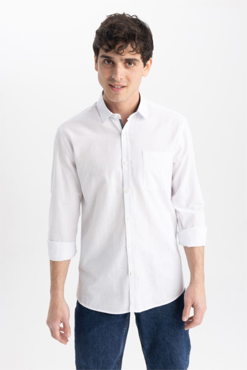 MAN White Slim Fit Polo Collar Poplin Long Sleeve Shirt