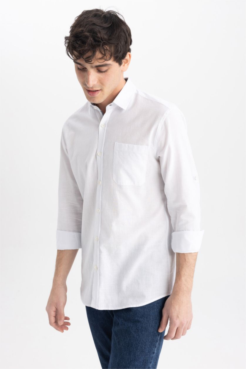 MAN White Slim Fit Polo Collar Poplin Long Sleeve Shirt
