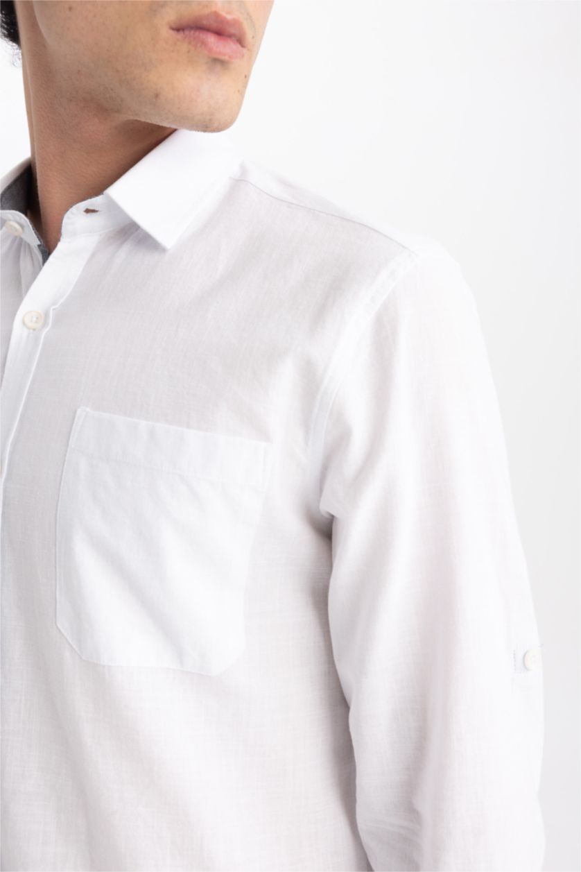 MAN White Slim Fit Polo Collar Poplin Long Sleeve Shirt