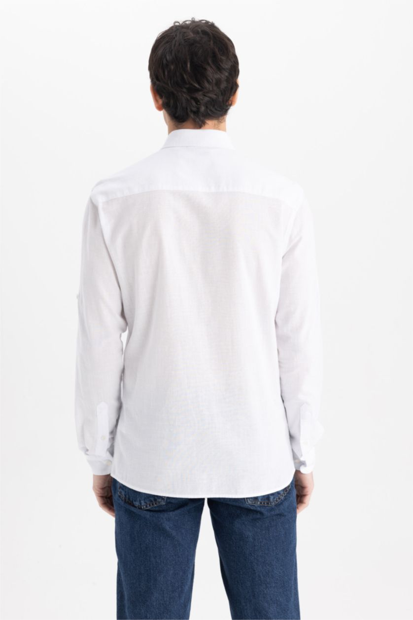 MAN White Slim Fit Polo Collar Poplin Long Sleeve Shirt