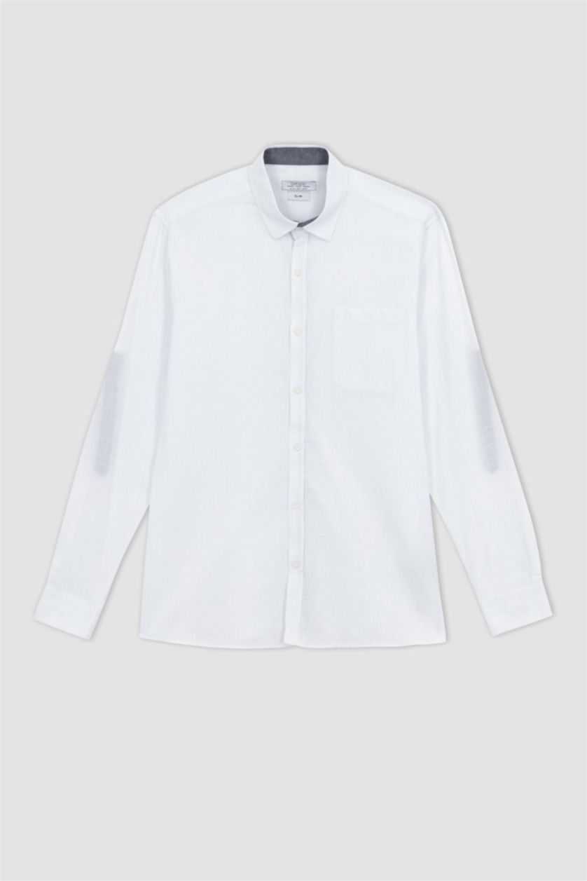 MAN White Slim Fit Polo Collar Poplin Long Sleeve Shirt