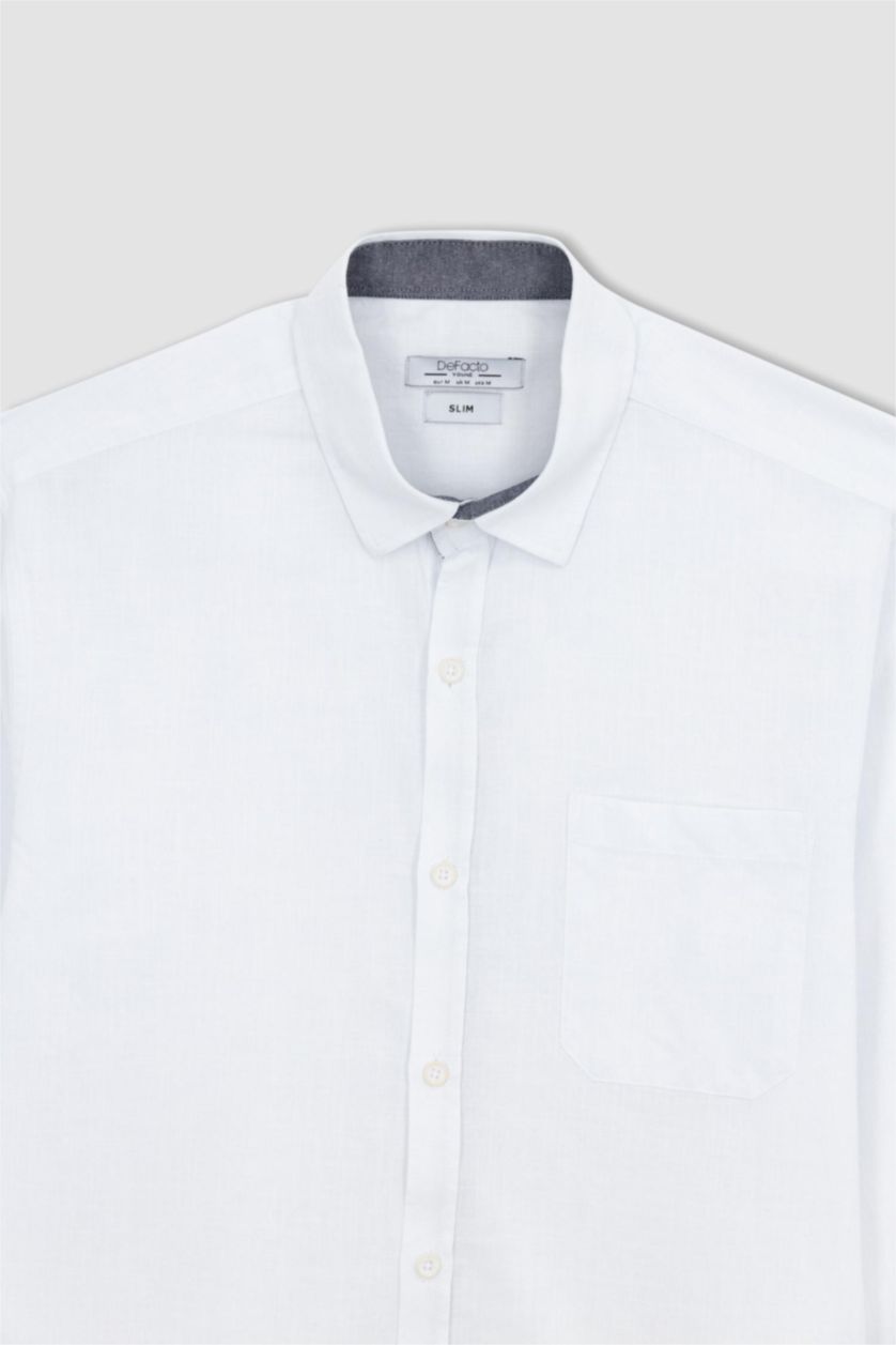 MAN White Slim Fit Polo Collar Poplin Long Sleeve Shirt